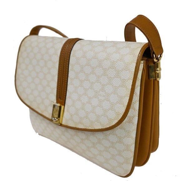 CELINE Macadam Pattern Crossbody Shoulder Bag PVC Leather White Brown - Picture 1 of 16